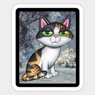 Cute Calico Kitty on grayish winter evening scene Sticker